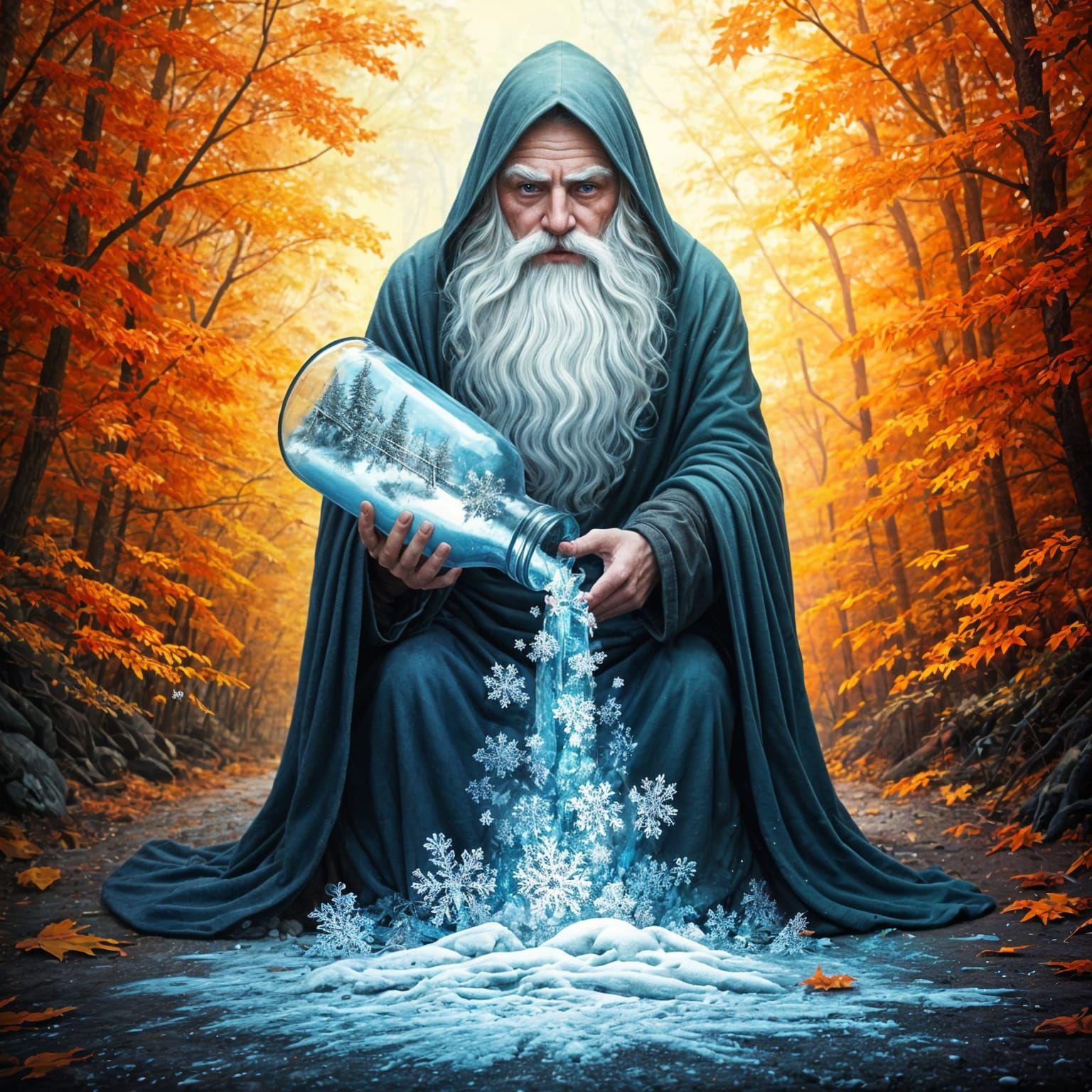 Father Time Spills Winter in Autumn Forest