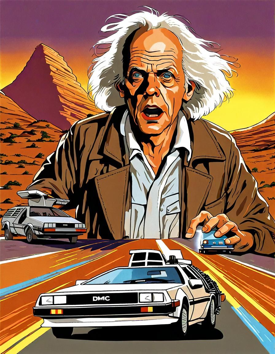 Doc Brown Driving DeLorean in Back to the Future