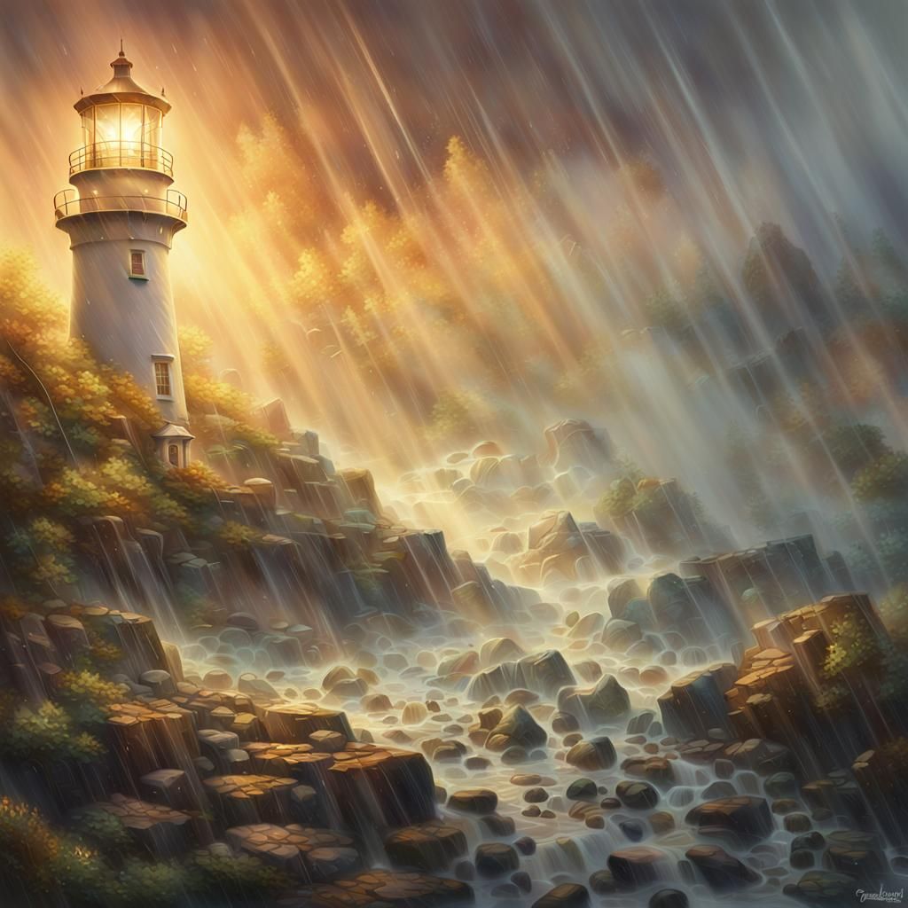Lighthouse Shines in Rain: Ethereal Oil Painting