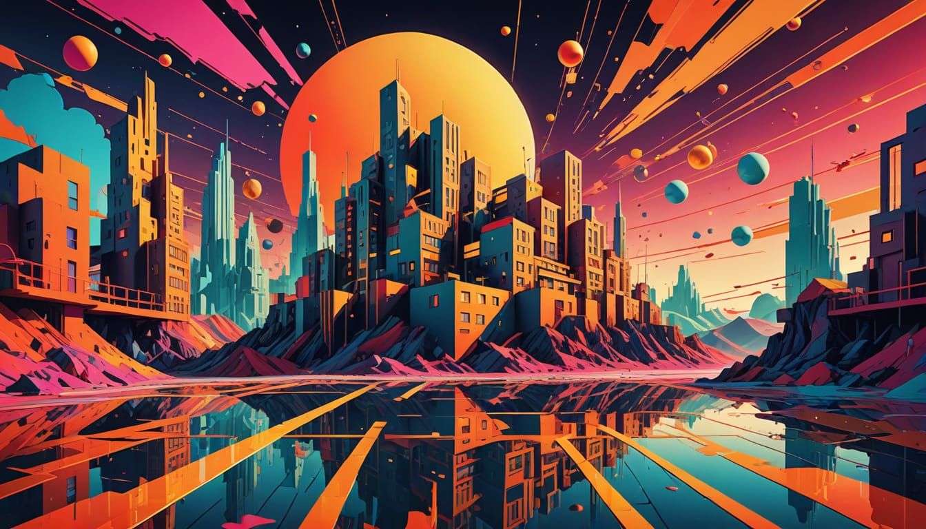 Vibrant Surrealist Cityscape in Bold Pop Art Style