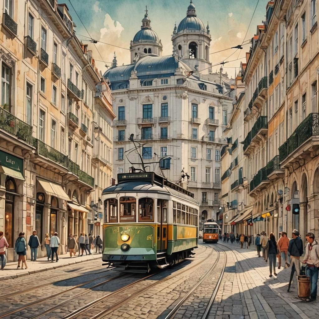 Lisbon Tram in Vintage Postcard Illustration