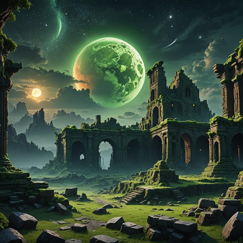 Green Moon Over Stone Ruins: Fantasy Concept Art