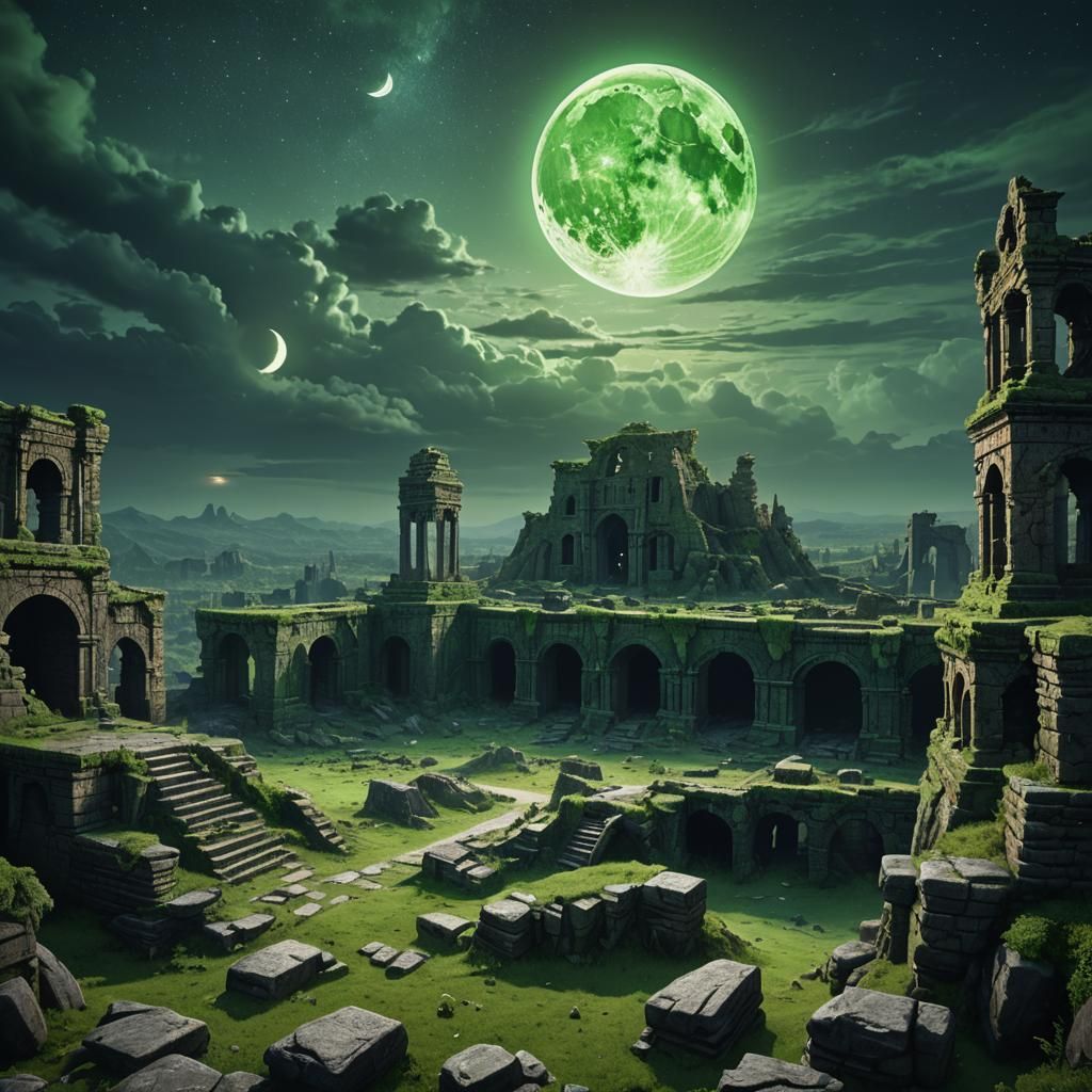 Green Moon Over Ancient Ruins: Fantasy Concept Art