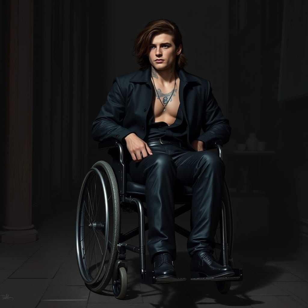 Man in Wheelchair with 8 Tattoo and Long Brown Braids in Dar...