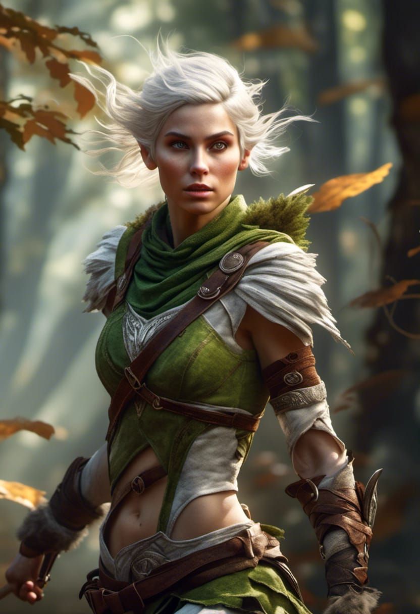 Hyperrealistic Elf Warrior in Autumn Forest