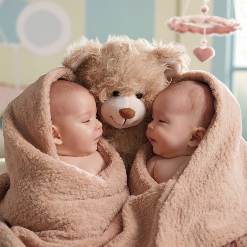 Babies Cuddling with a Teddy Bear in Nursery