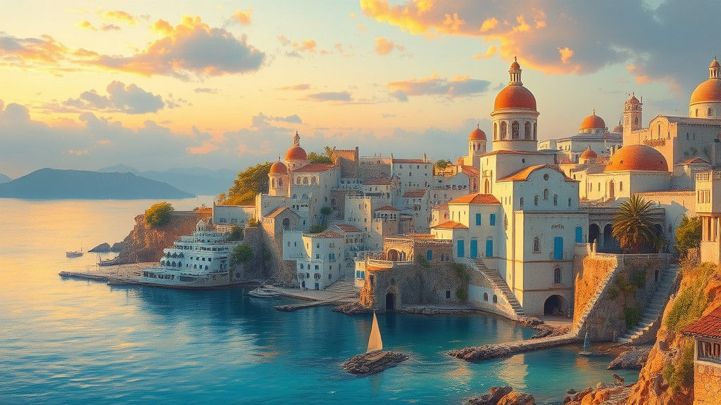 Dreamlike Archipelago Cityscape in Golden Light