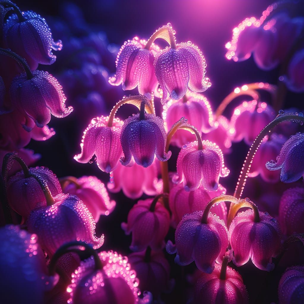 Pink  LILLIES OF THE VALLEY, heavy dew, morning light, macro photography, under ultraviolet light