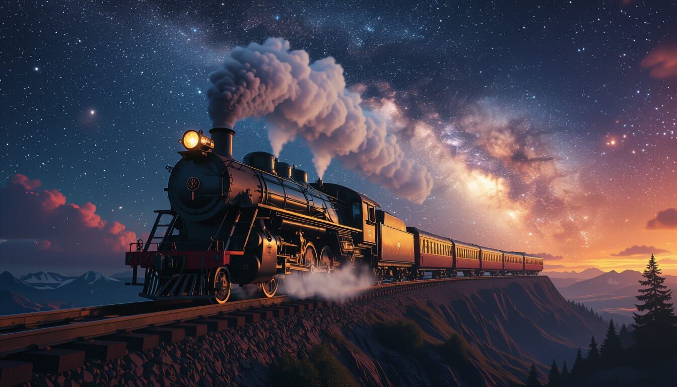 Steam Train Soaring Through Starry Universe