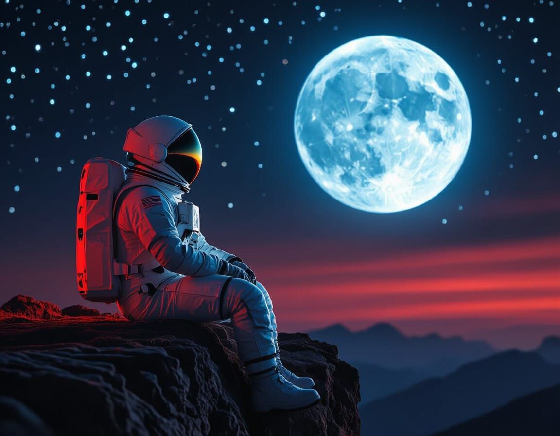 Astronaut on Cliff Gazing at Starry Sky with Blue Moon