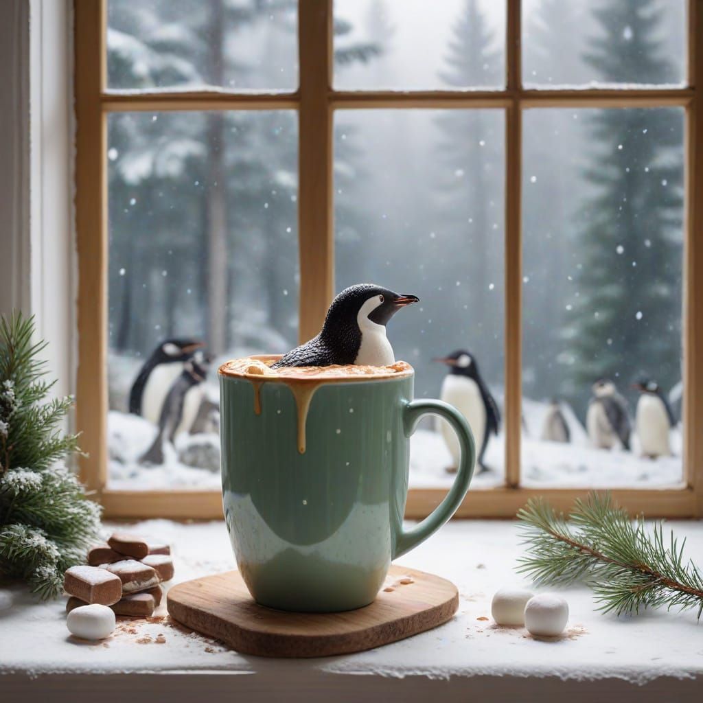 Woman Enjoys Cocoa by Snowy Window in Watercolour Style