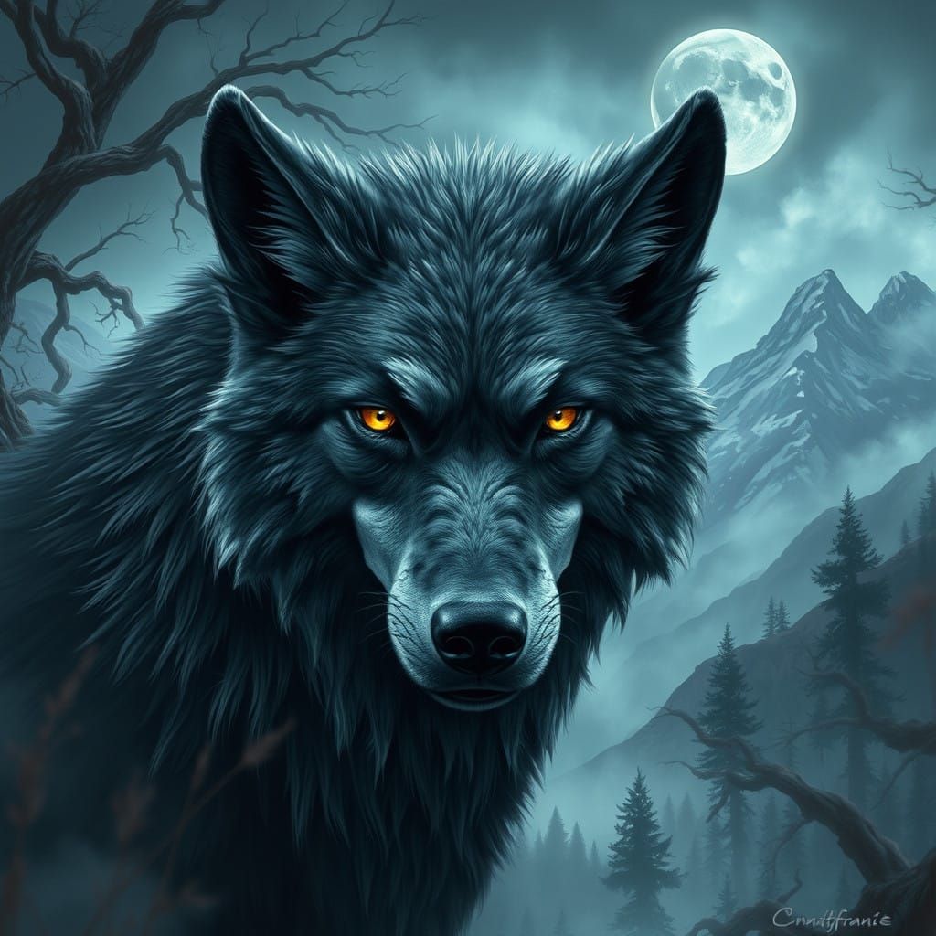 Majestic Gray Wolf in Dreamlike Landscape