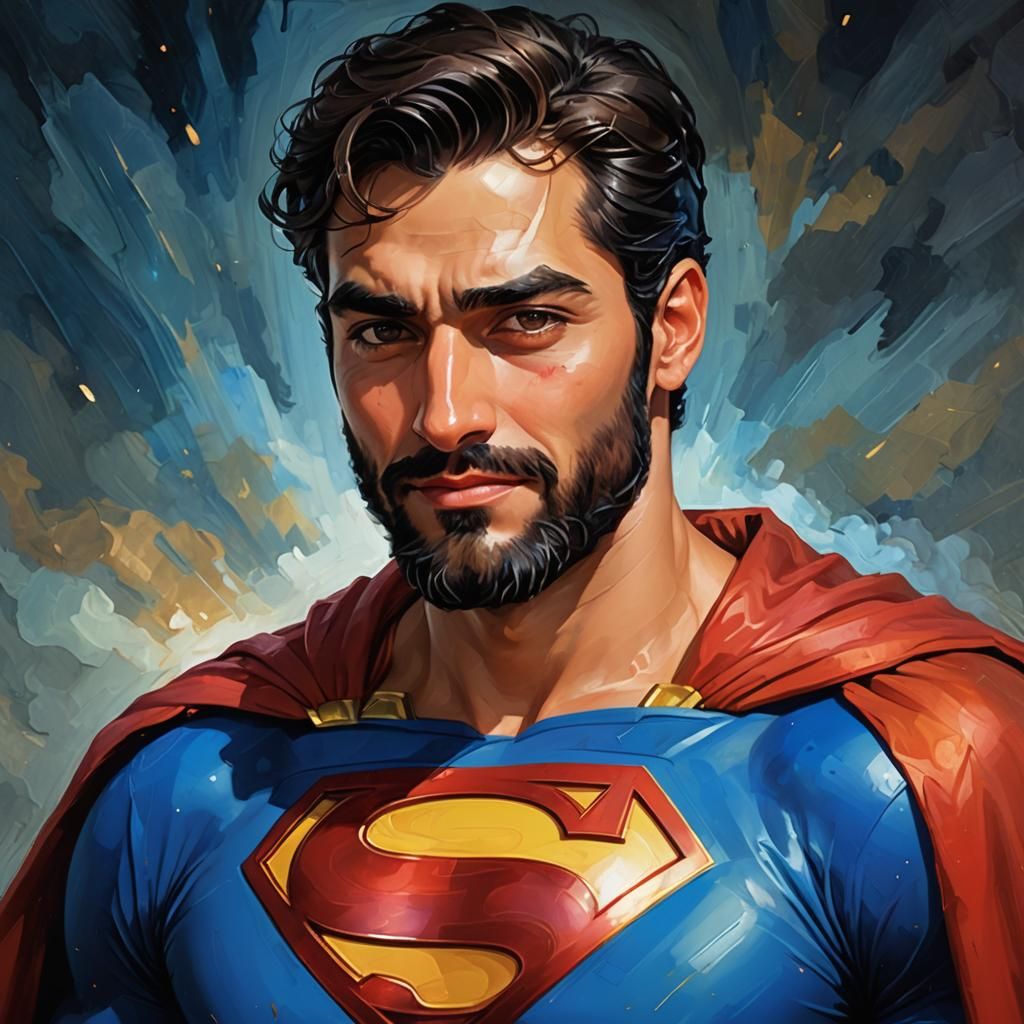 Handsome Arab Iranian Superman Portrait as Impressionist Oil...