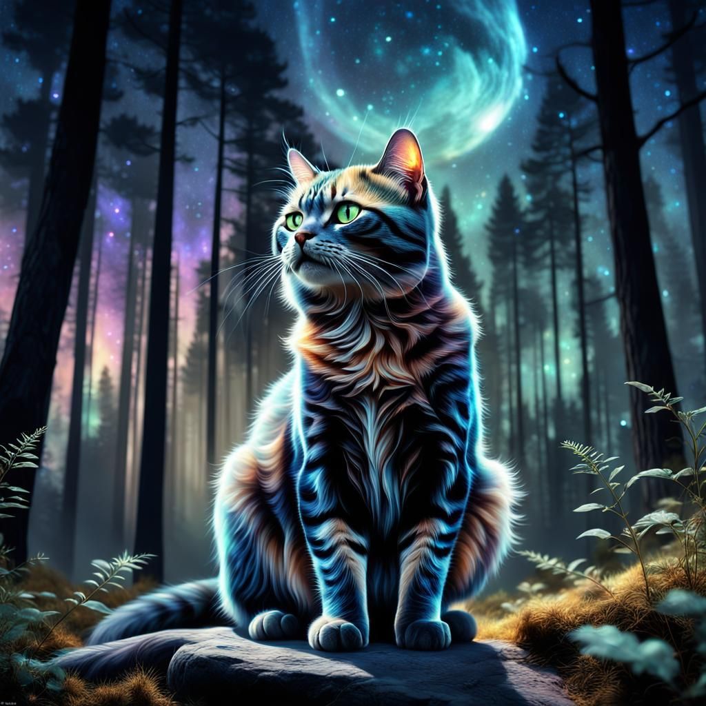 Elegant Cat Double Exposure with Forest and Nebula