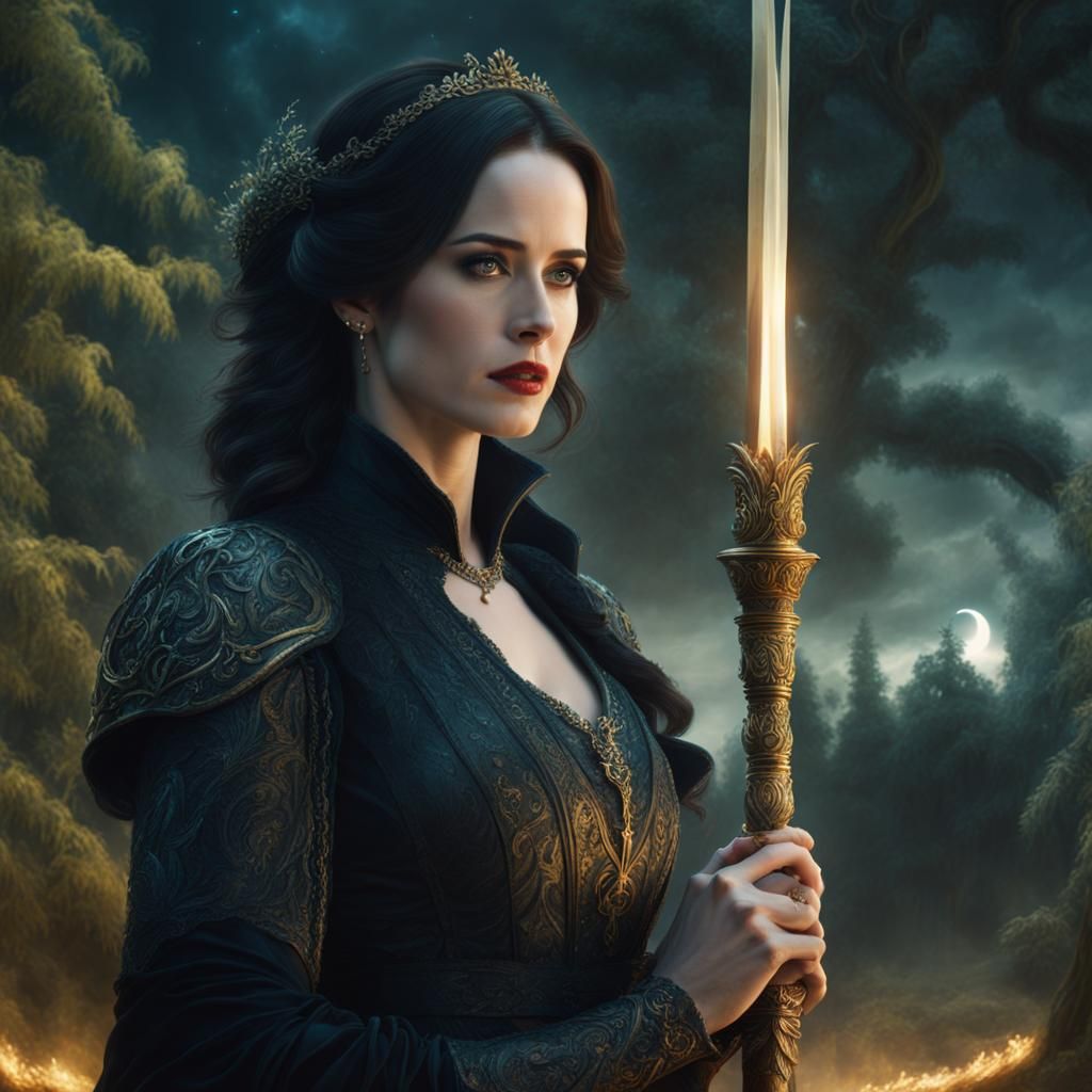 Epic Sorceress with Saturn in Dramatic Night Sky