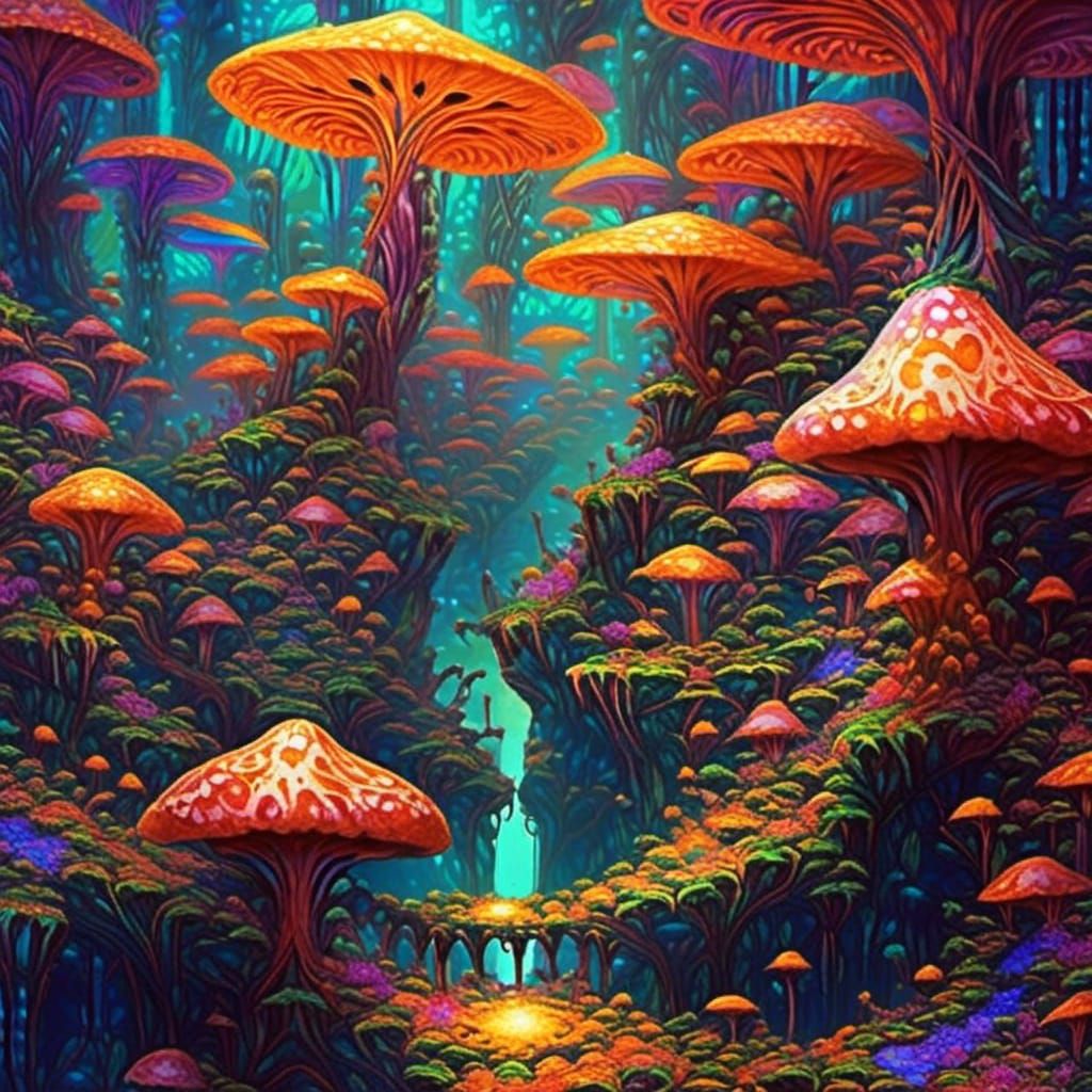 Klimt-Inspired Fractal Forest with Psychedelic Mushrooms