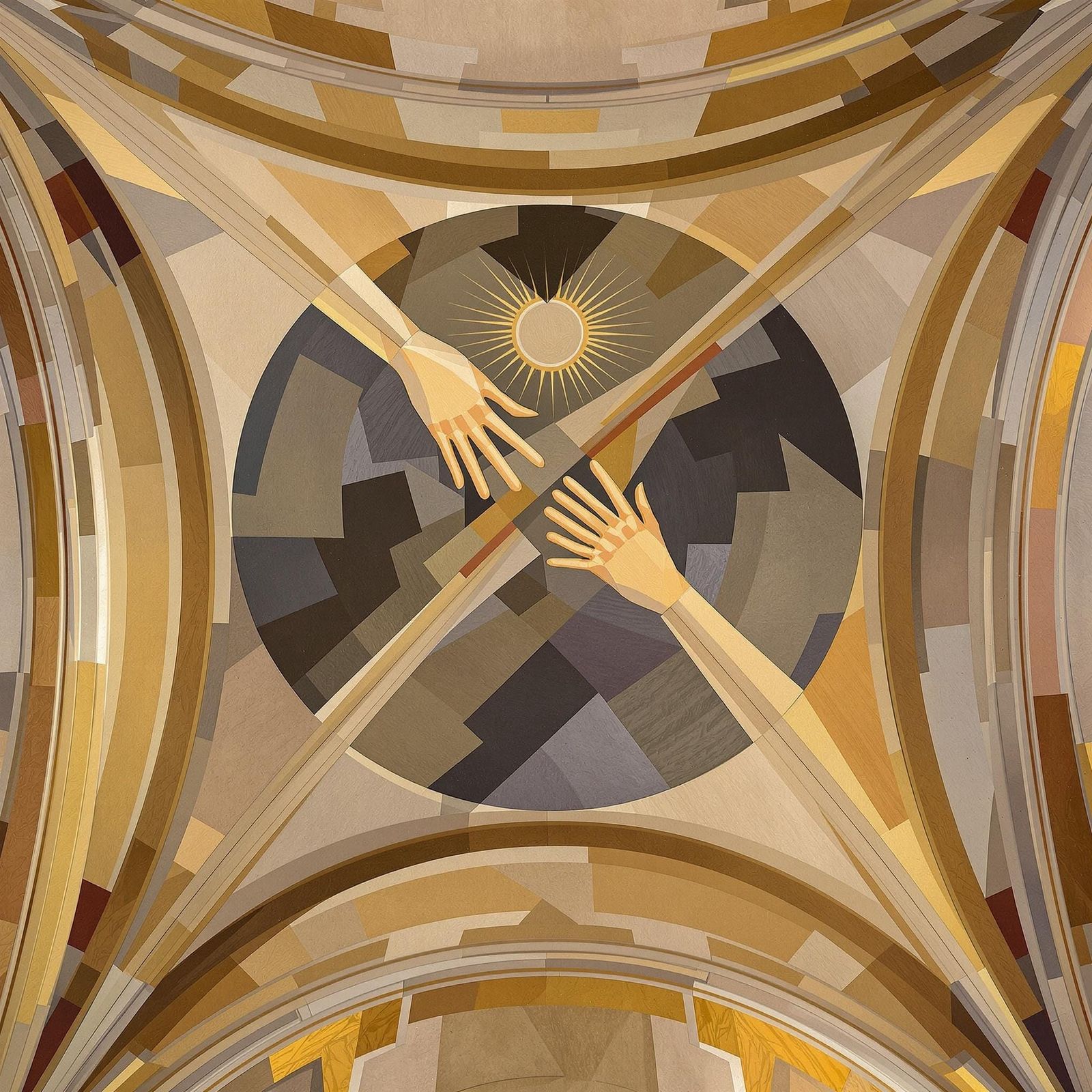 Modern Sistine Chapel: Reaching Hands in Bauhaus Cubism