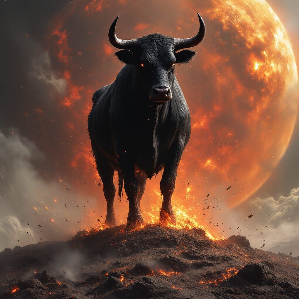 Menacing Black Cow Over Burning Planet