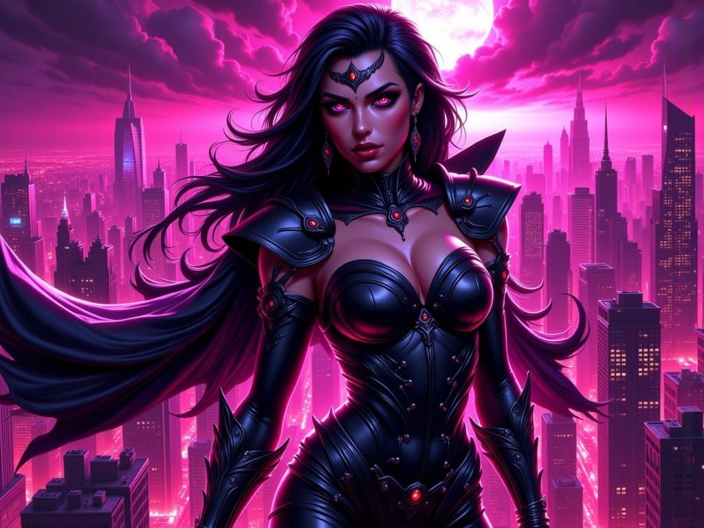 Comic Sorceress Queen Dominates Neon Metropolis