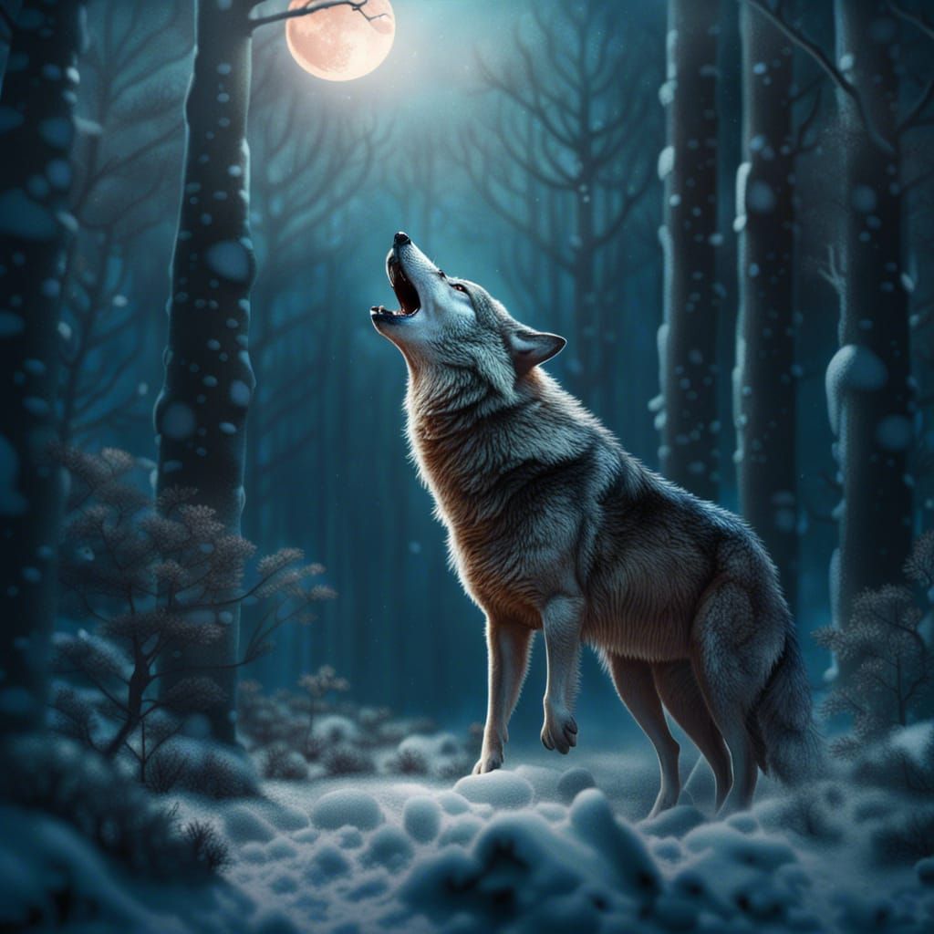 Mystical Wolf Howling in Snowy Forest: Hyperrealistic Art