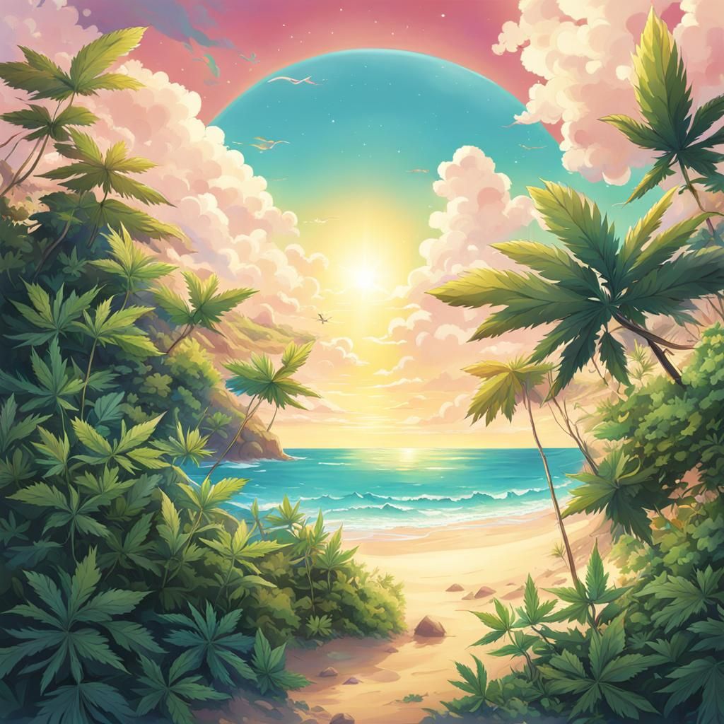 Marijuana Beach Horizon with Anime Style Sky Text