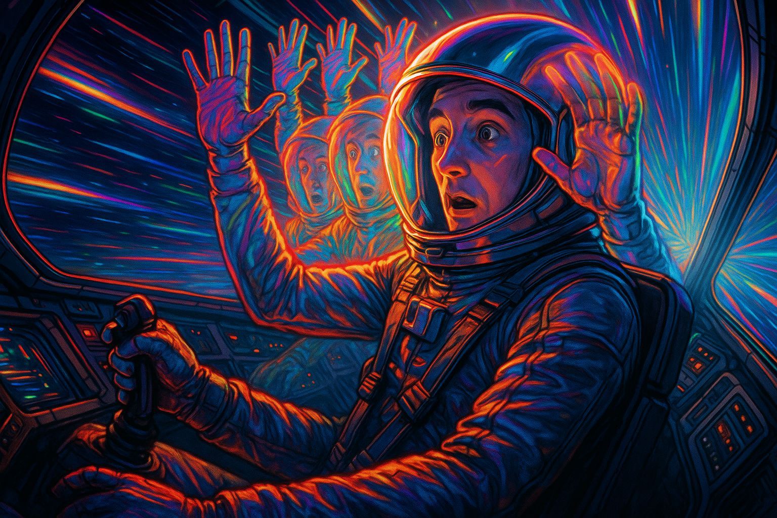 Futuristic Space Pilot Enters Hyperspace in Psychedelic Styl...