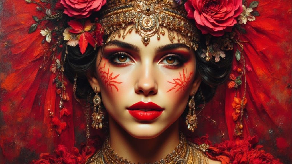 Elegant London Princess in Scarlet Oil Painting