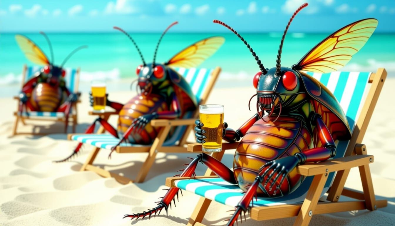 Hyperrealistic Humanoid Roaches Relaxing on Beach