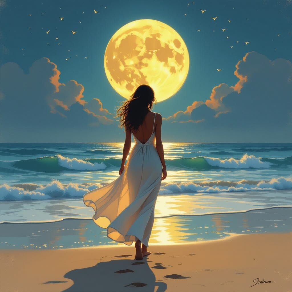 Moonlit Beach Serenity in Illustrative Style