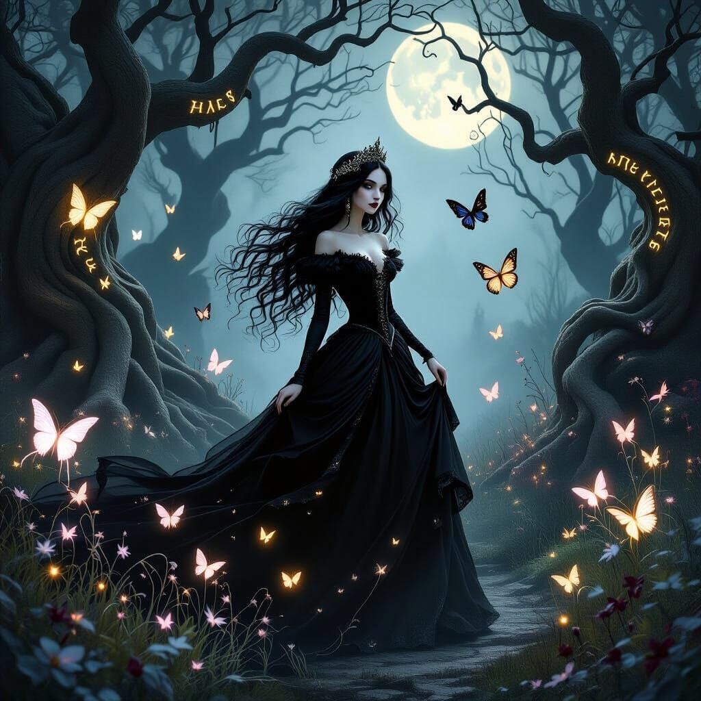 Gothic Princess in Moonlit Forest with Ethereal Butterflies
