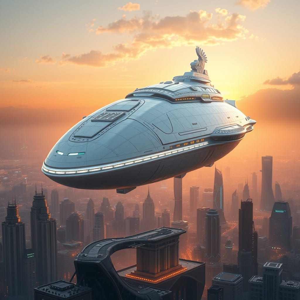 Ethereal Spaceship Ascends Above Futuristic Metropolis