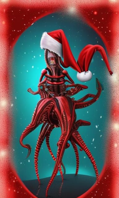 Christmas Xenomorph Queen as Santa, Fractal Art
