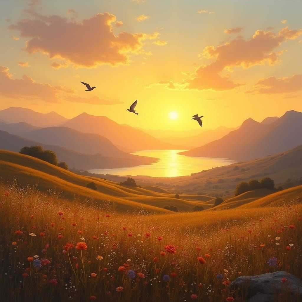 Vibrant Sunrise Landscape with Majestic Mountains