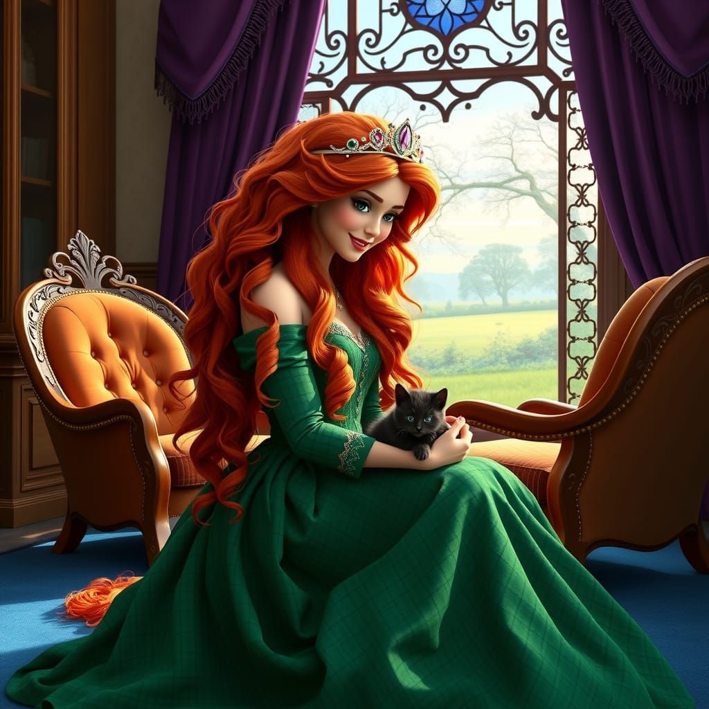 Princess Merida Portrait with Kitten, Hyperdetailed Art