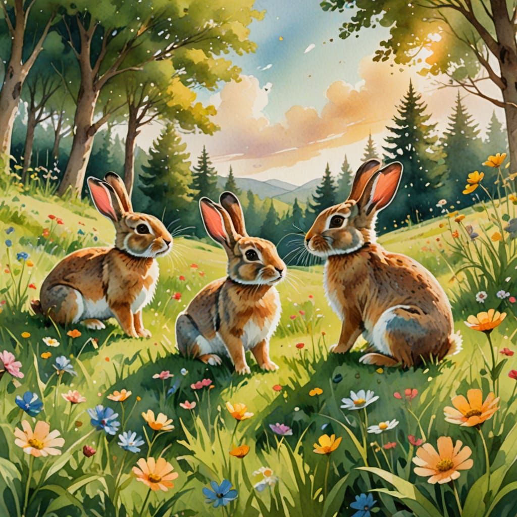 Whimsical Family of Rabbits in a Vibrant Green Meadow