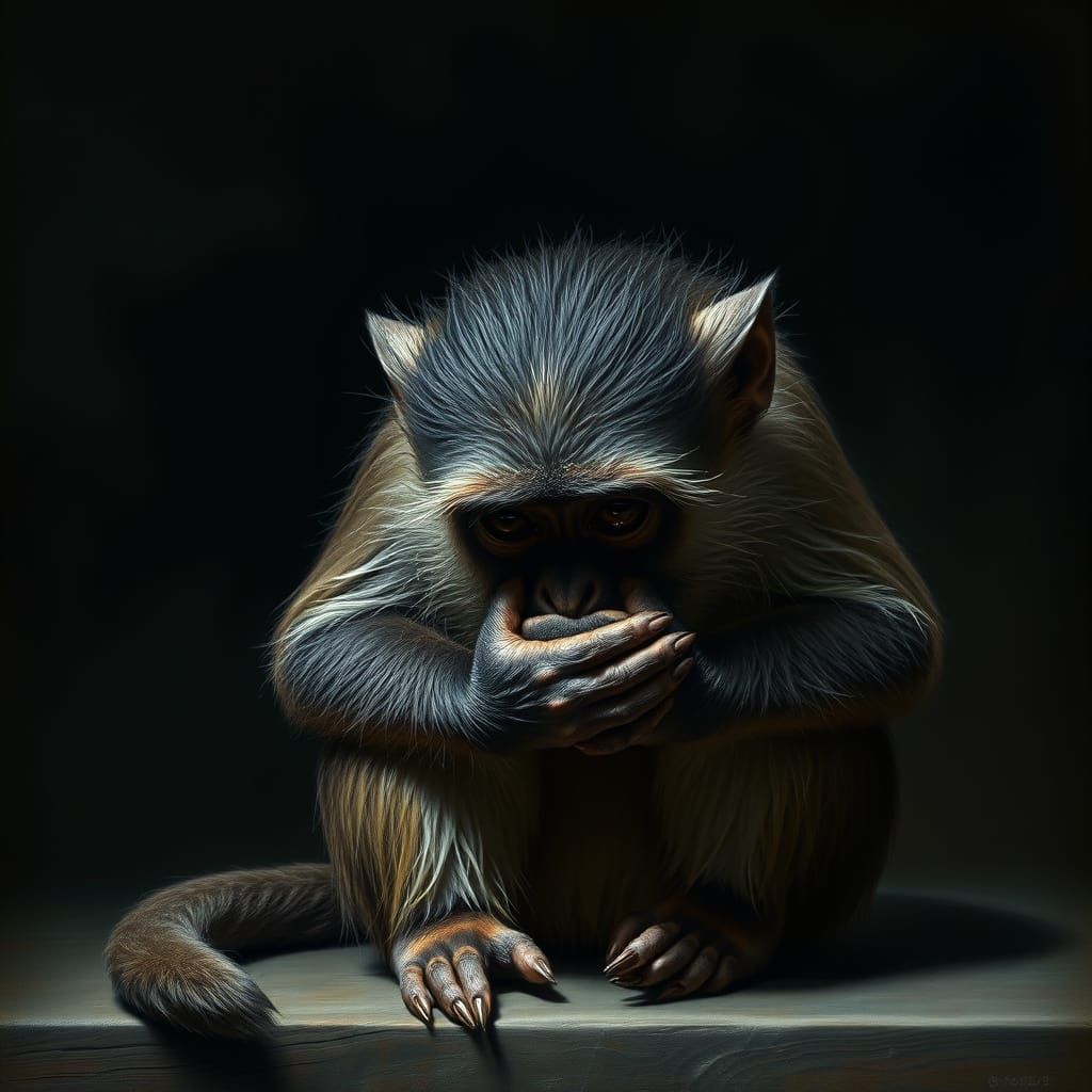 Melancholic Capuchin Monkey in Dramatic Light