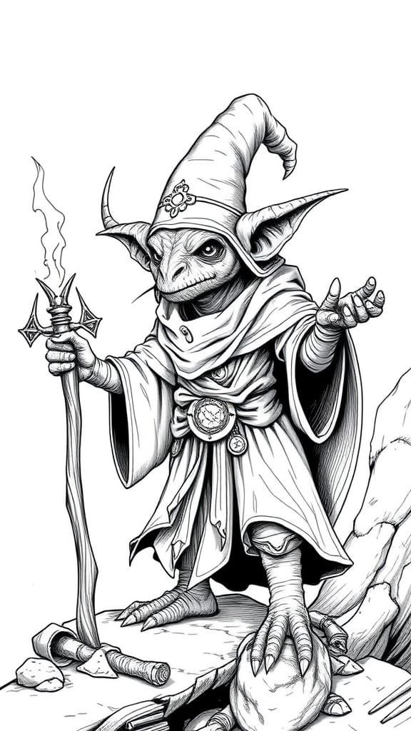 Kobold Sorcerer in Monochromatic Line Art