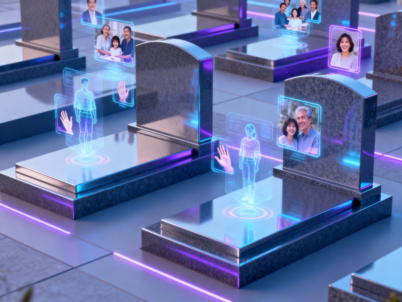 Holographic Memory Gravestones in Futuristic Cemetery