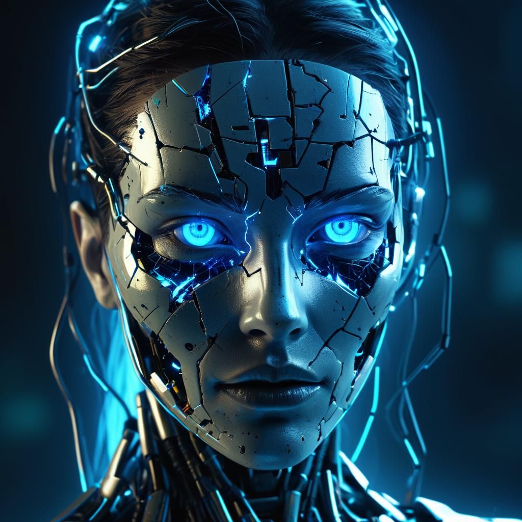 Cyberpunk Robotic Woman with Shattered Body and Fading Light