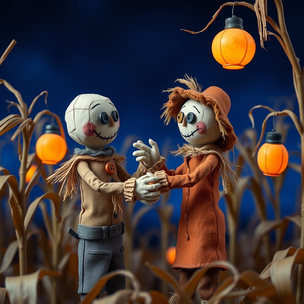 A claymation-style scene of a haunted cornfield under a dark...