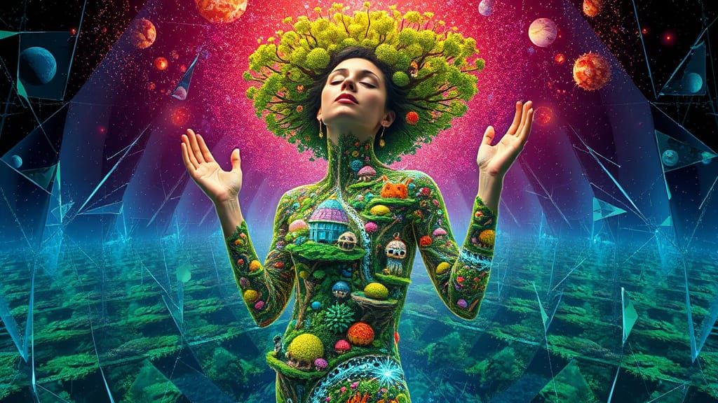 Surreal Goddess Emerges from Shattered Mirrors in Vibrant Ec...