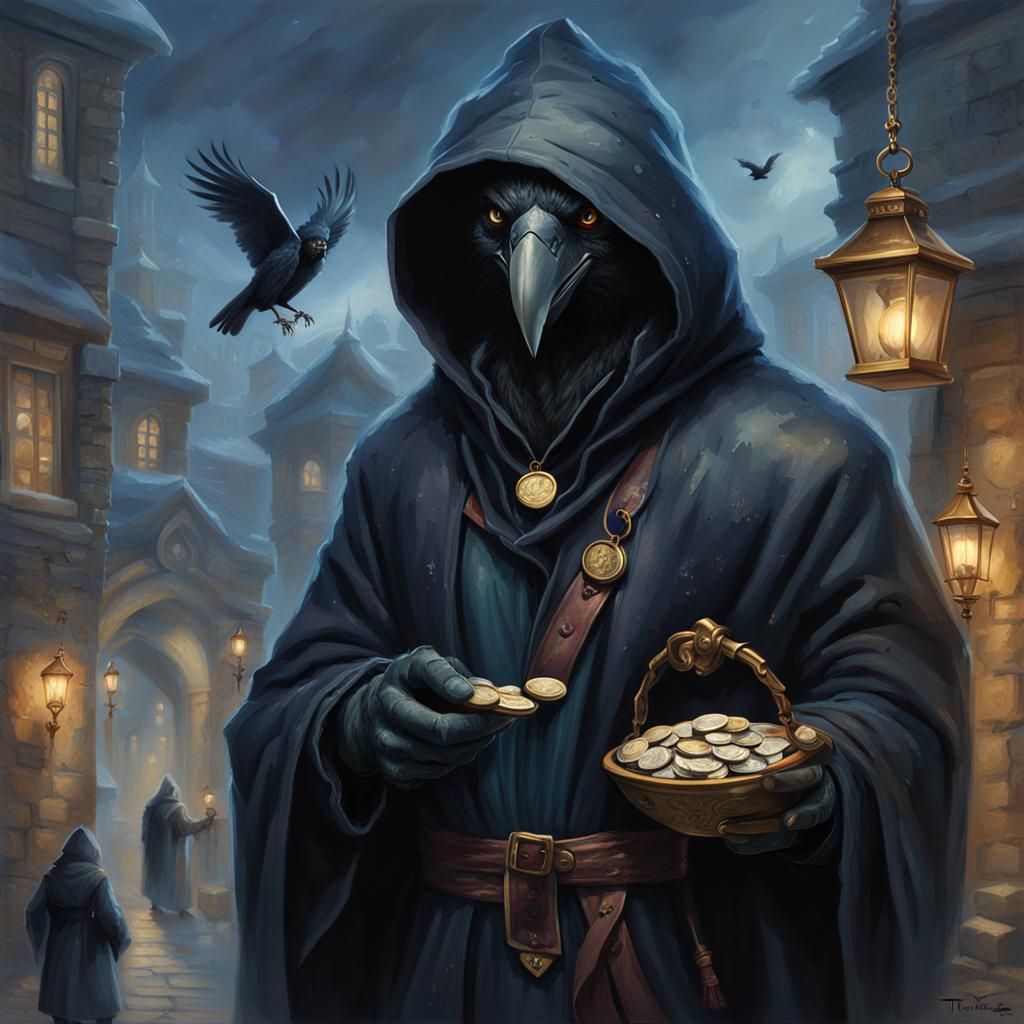 D&D Crow Thief in Dark Robe: Fantasy Art