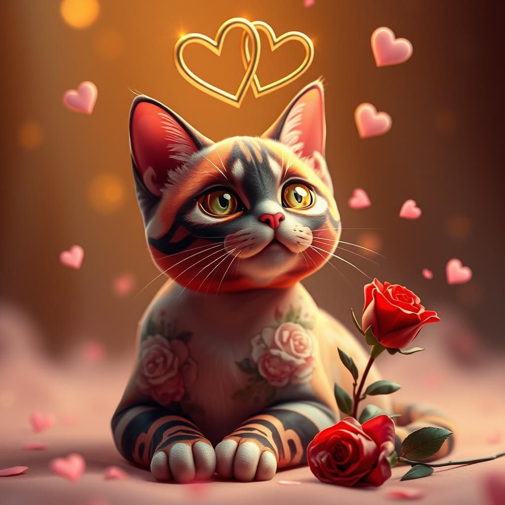 Multicolor Anime Cat with Rose Pattern in 3D