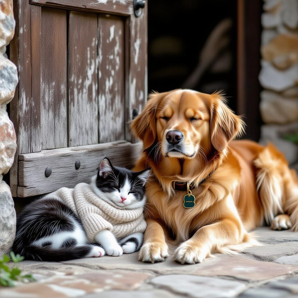 Kitten and Golden Retriever Nap at French Farmhouse, 1970s