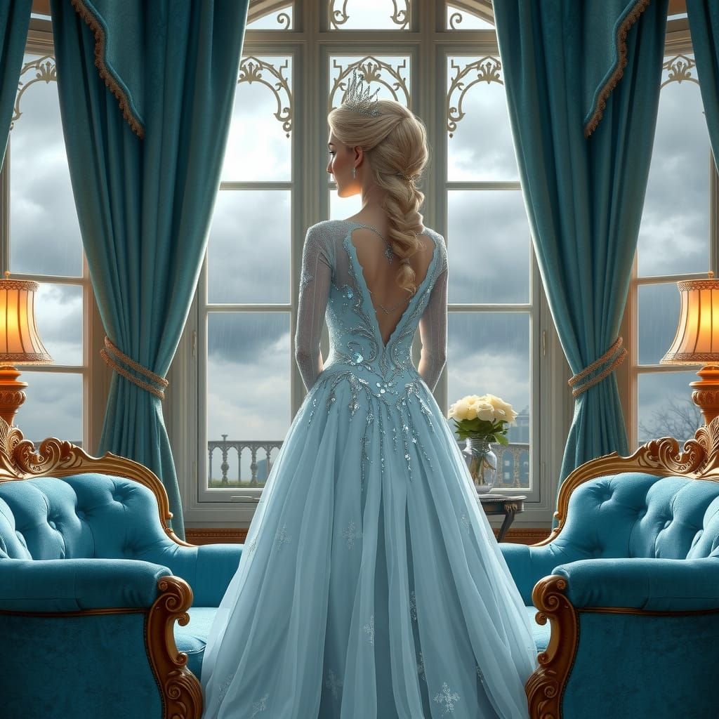 Frozen Princess Elsa in Opulent Ballgown with Velvet Curtain...