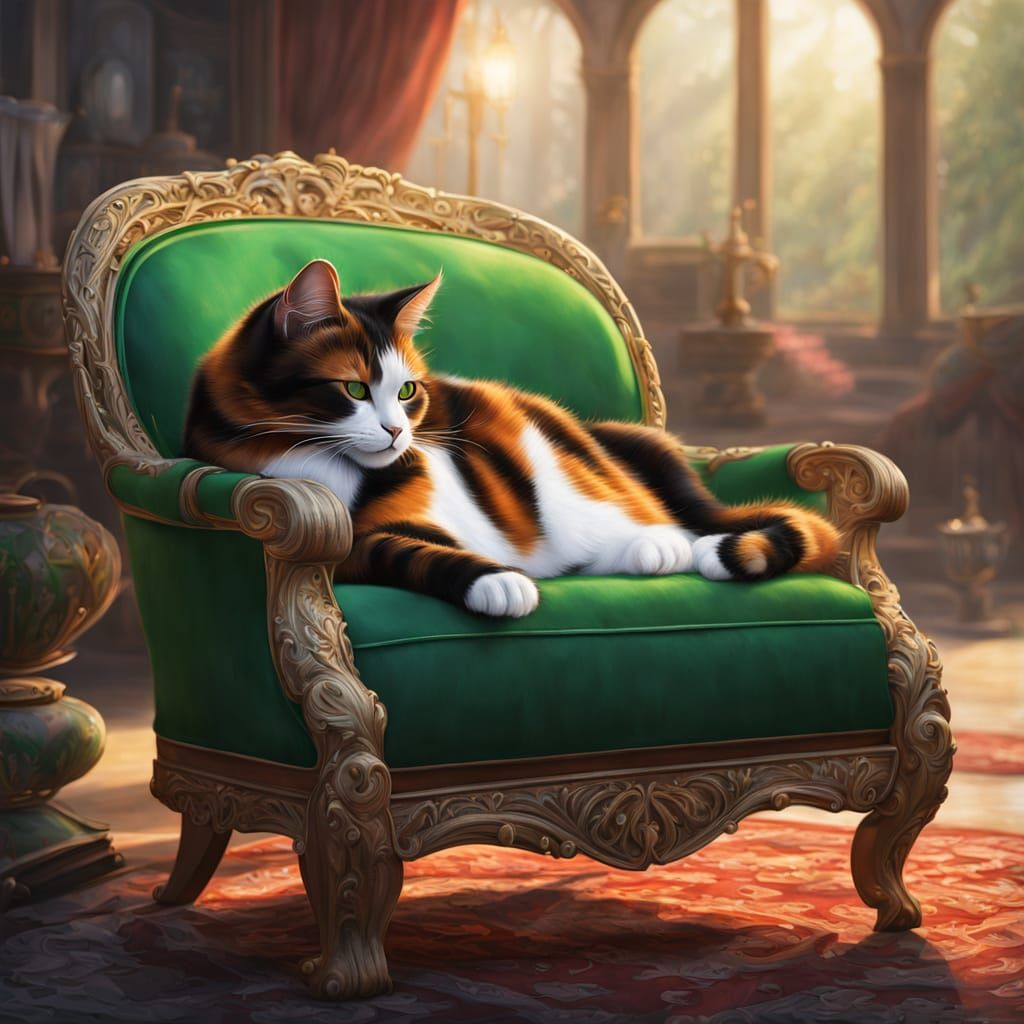 Calico Cat Nap on Green Blanket: Fantasy Art