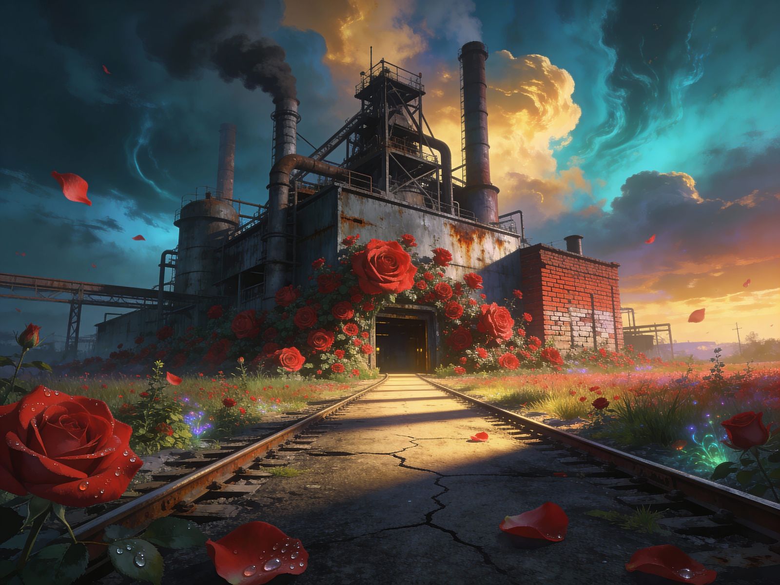 Epic Factory Vista with Blooming Roses