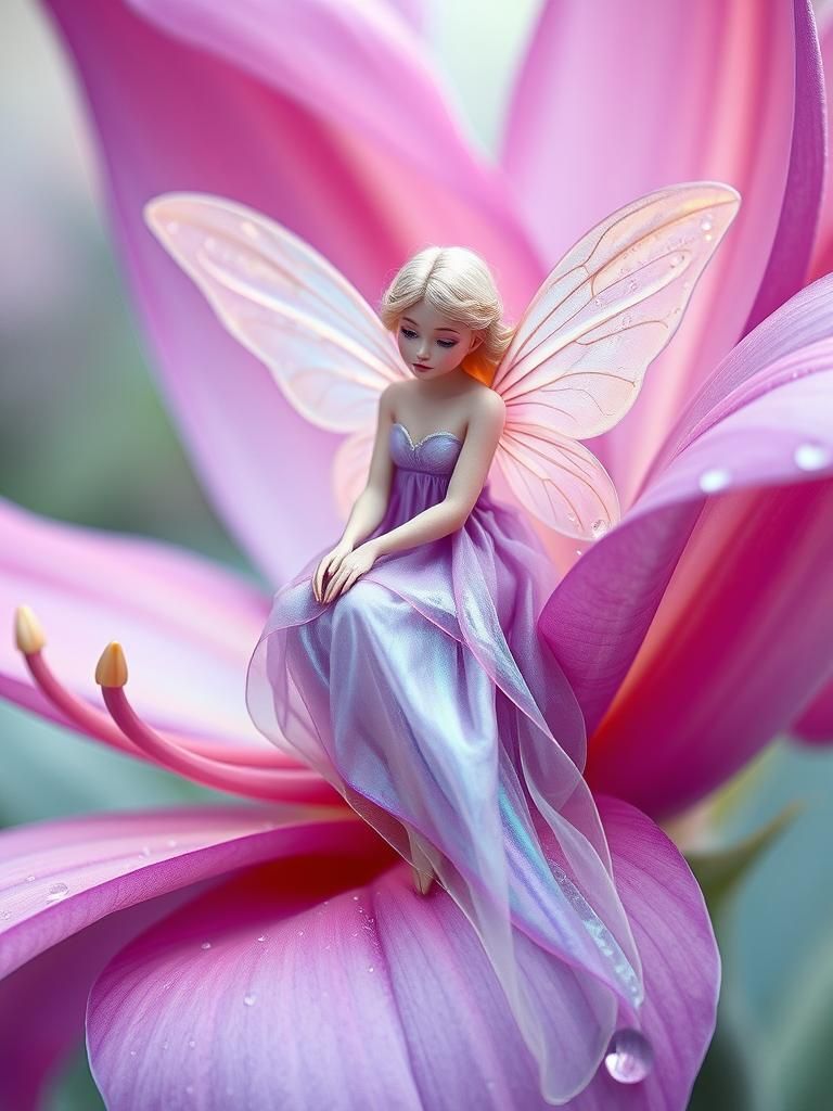 Iridescent Fairy on Exotic Bloom in Watercolor Style