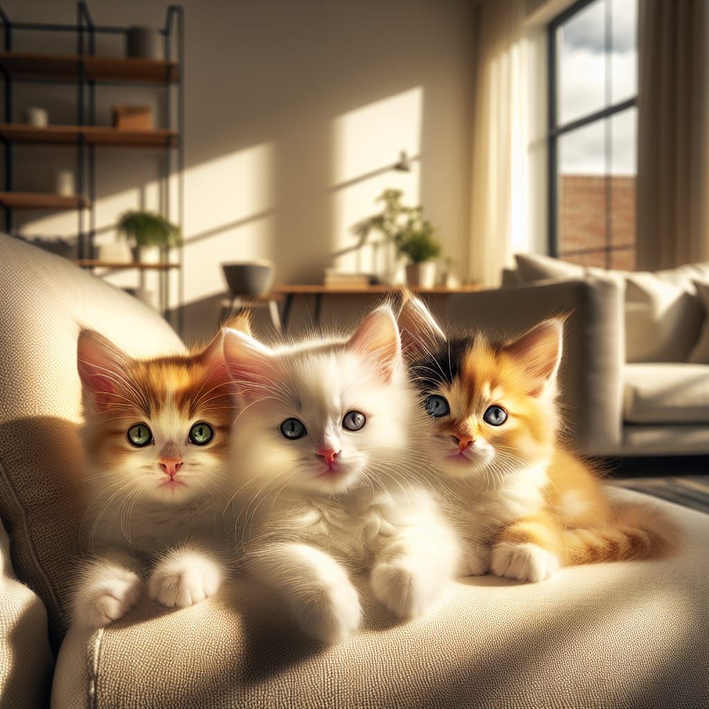 Three Kittens Snuggling in Sunlight
