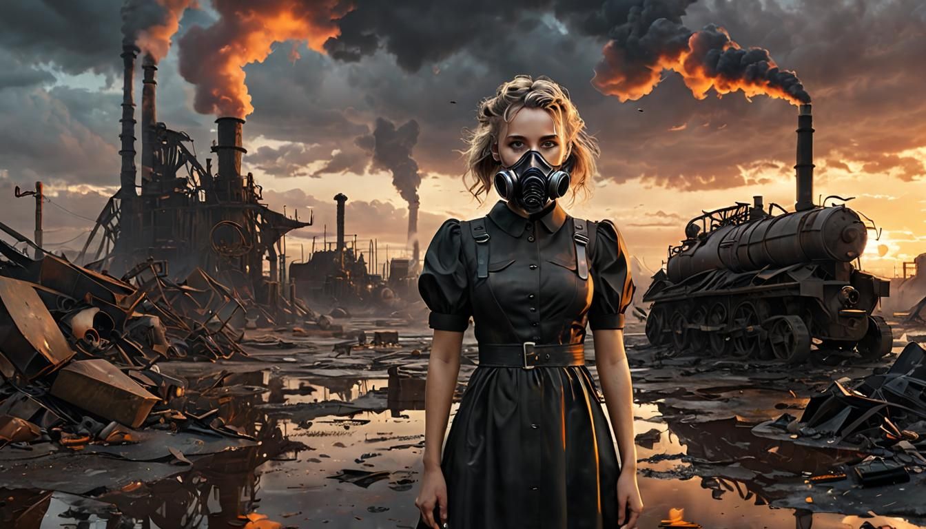 Dieselpunk Girl in Ruined Wasteland, Digital Art